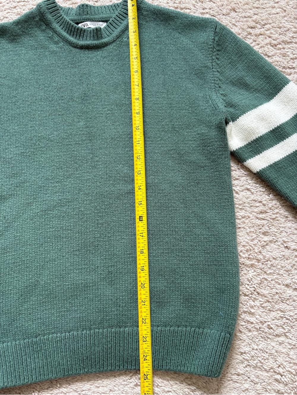 Zara Women’s Crewneck Sweater in Sage Green with White Sleeve Stripes - Picture 4 of 6